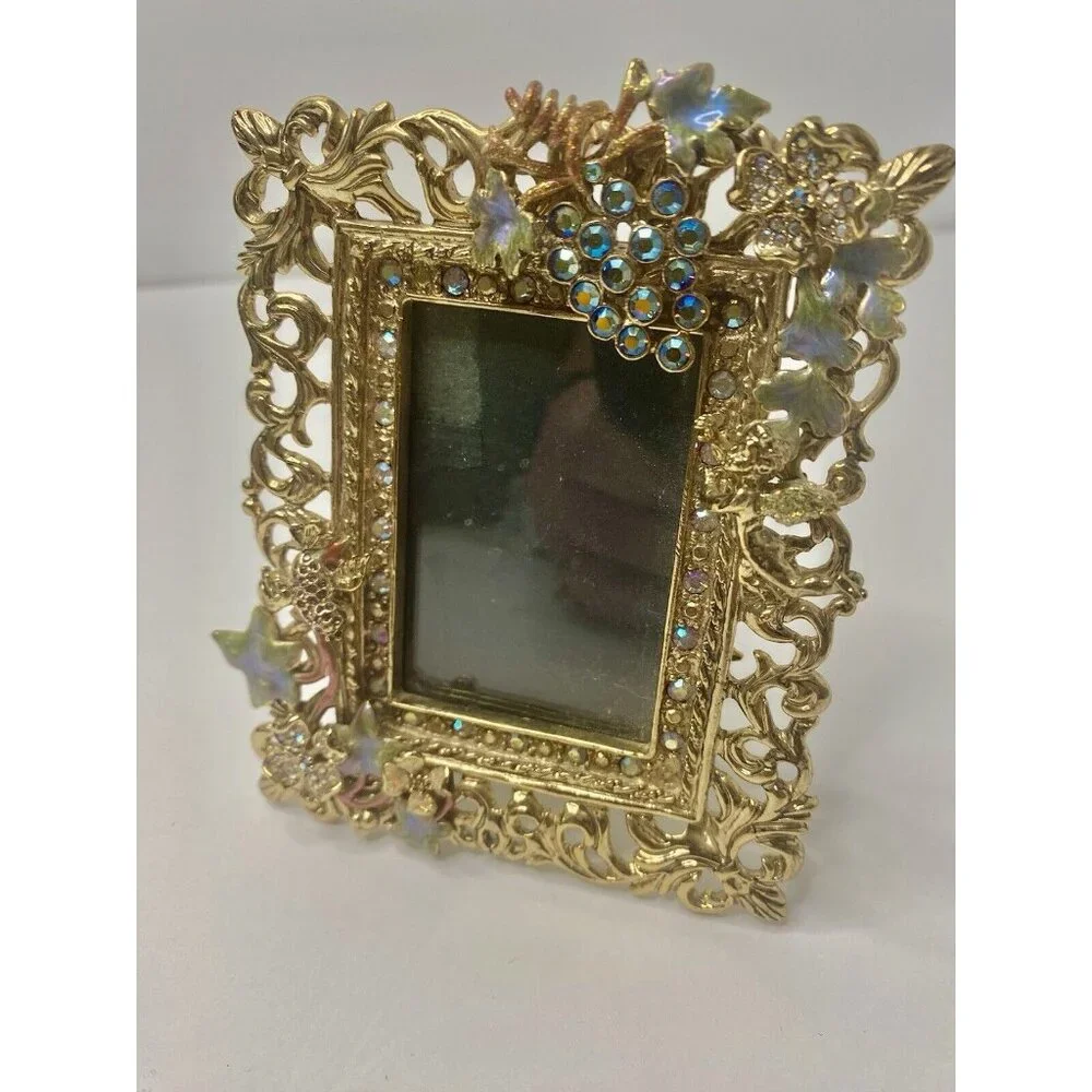 Kirks Folly Signed Picture‎ Frame Rhinestone Grapes Cherub Bird Easel Back